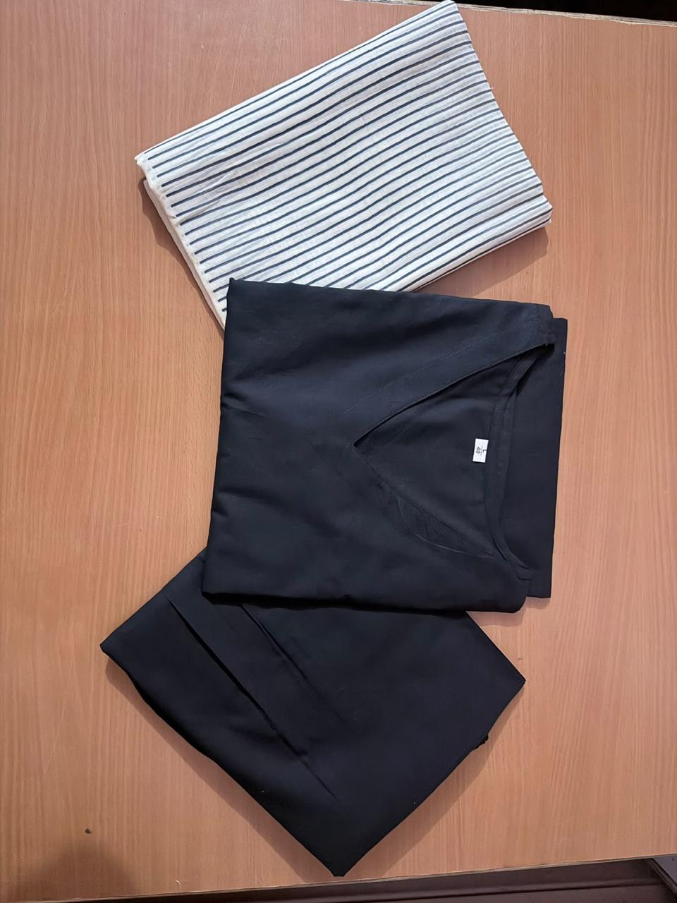 Women’s Classic Black Premium Cotton 60/60 Kurti Pant Dupatta Set | Handblock Printed Dupatta with 3/4 Sleeves | 3-Piece Set