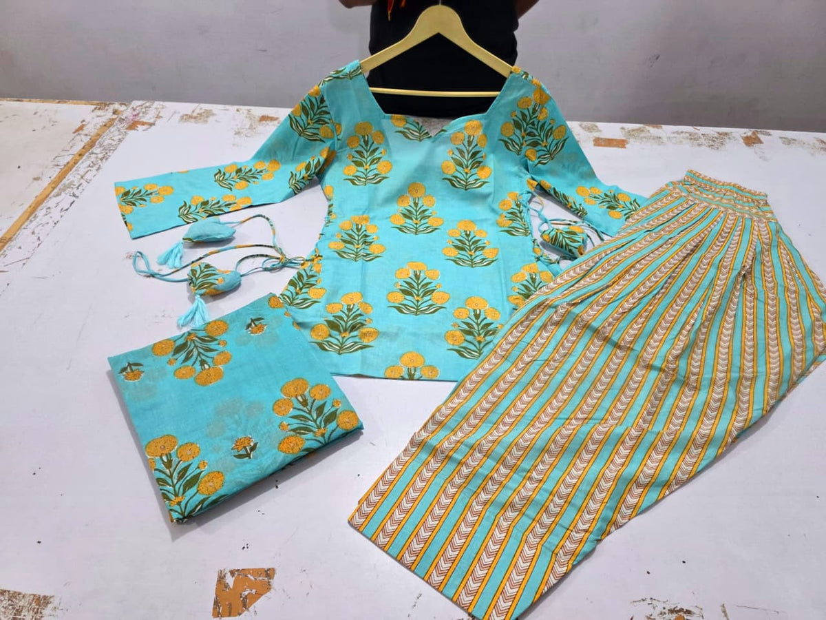 Women’s Premium Cotton 60/60 Corset-Style Kurta with Printed Farshi Salwar & Dupatta | Heart Tassel 3-Piece Set