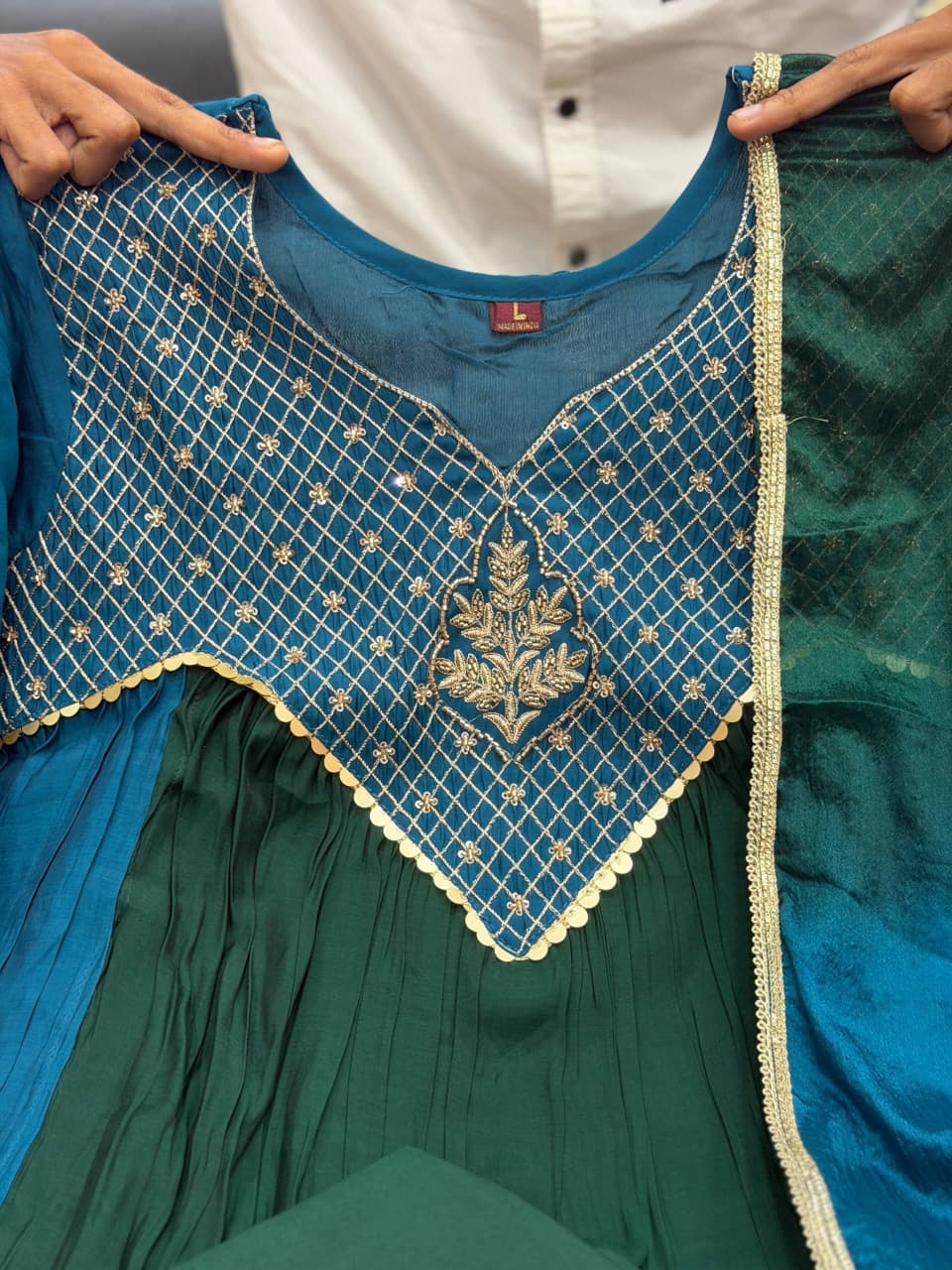 Women’s Premium Pure Mal Chanderi Anarkali Suit Set | Handwork Yoke with Golden Diamond-Grid Detailing, Pant & Dupatta