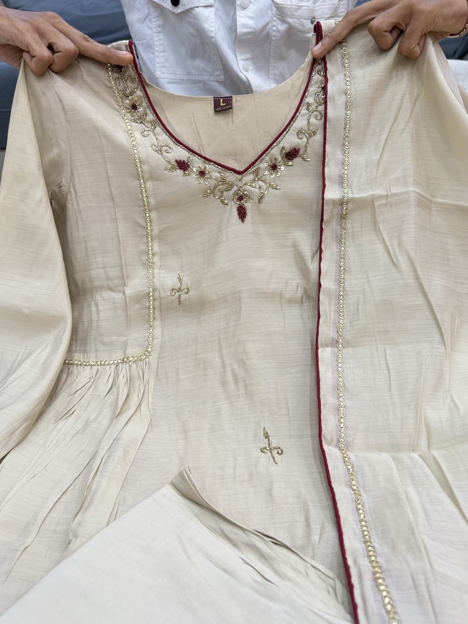 Women’s Pure Mul Chanderi Anarkali Kurta Set | Heavy Handwork Neckline with Embroidery, Sequins & Bead Detailing | 3-Piece Set