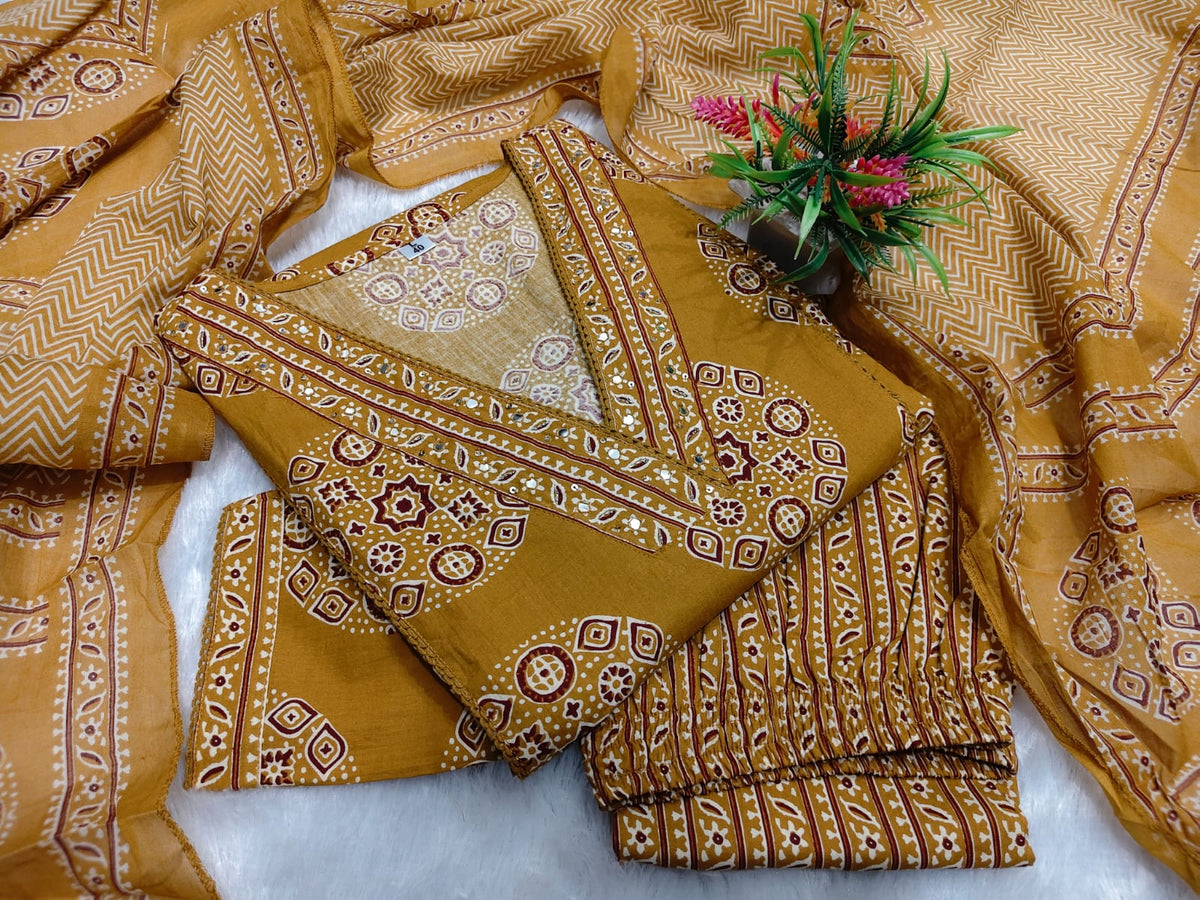 Women’s Pure Cotton 60/60 Heavy Printed Kurti Pant Dupatta Set | Hand Work & Lace Detailing | 3-Piece Showroom Collection