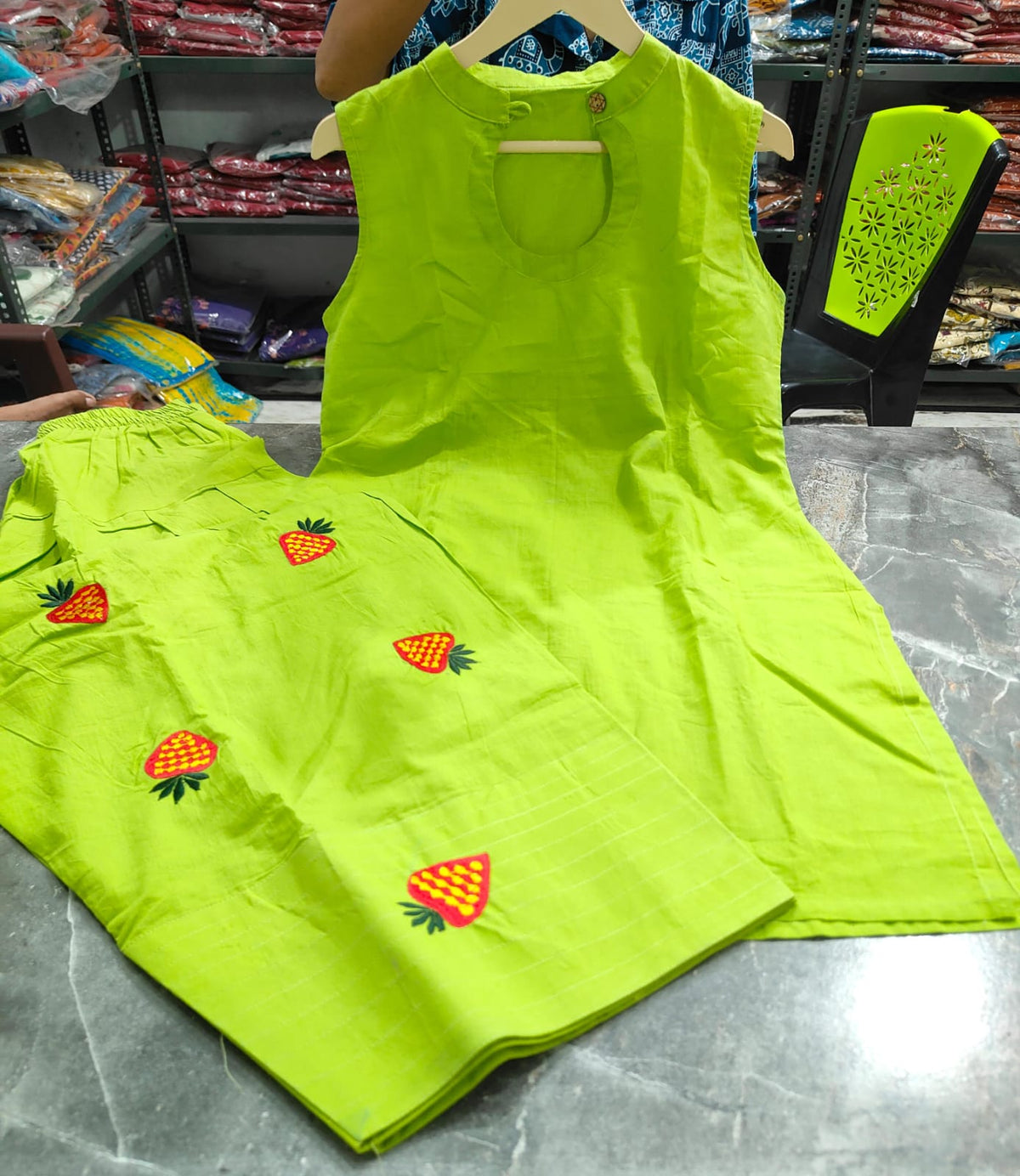 Women’s Cotton Strawberry Embroidered Farshi Salwar Set | Corset-Style Dori Kurta with White Farshi Salwar