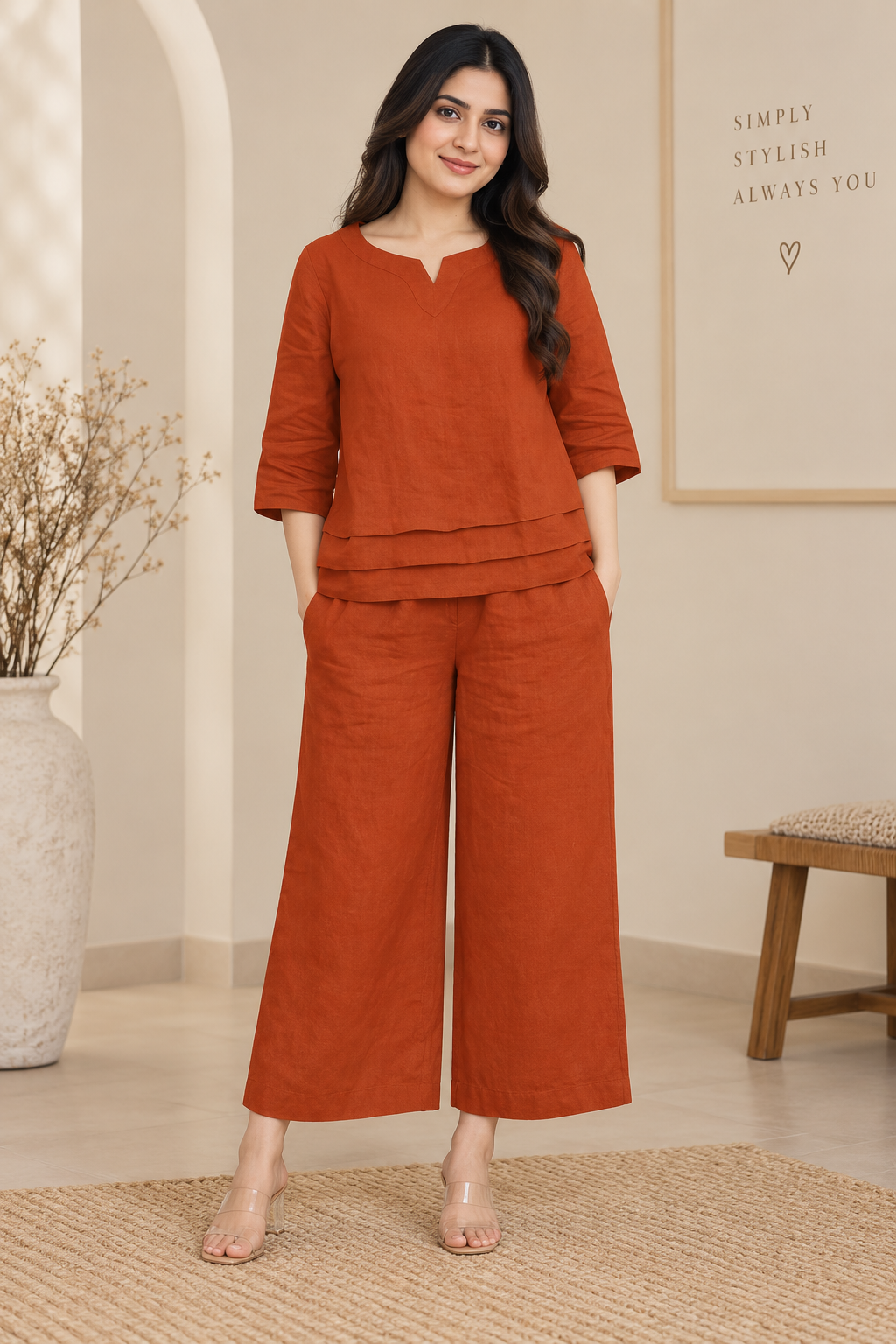 Women’s Premium Cotton Slub Co-ord Set | Stylish Top with Matching Palazzo & Two-Side Pockets | 2-Piece Set
