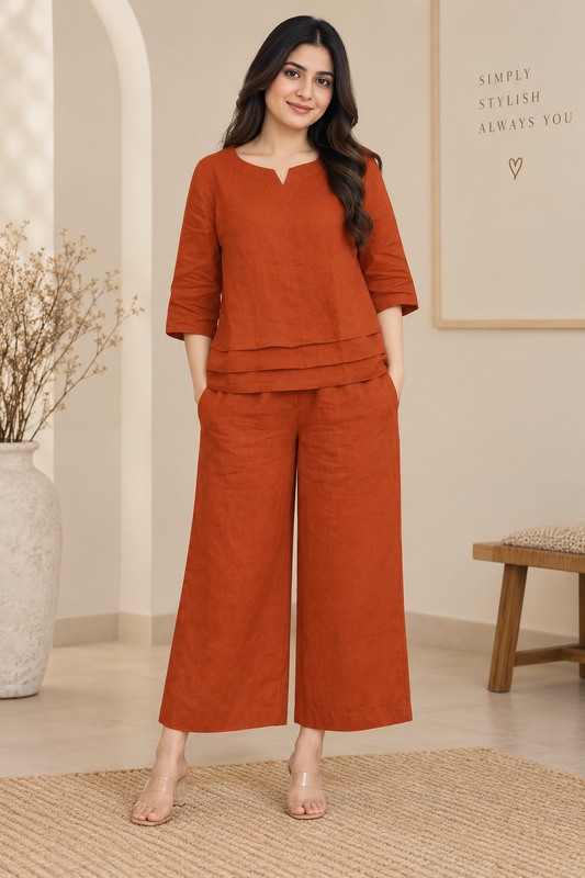 Women’s Premium Cotton Slub Co-ord Set | Stylish Top with Matching Palazzo & Two-Side Pockets | 2-Piece Set