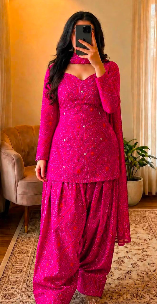 Women’s Premium Cotton Bandhani Jaipuri Print Suit Set | Mirror Detail Sweetheart Kurti with Flared Patiala Salwar & Dupatta