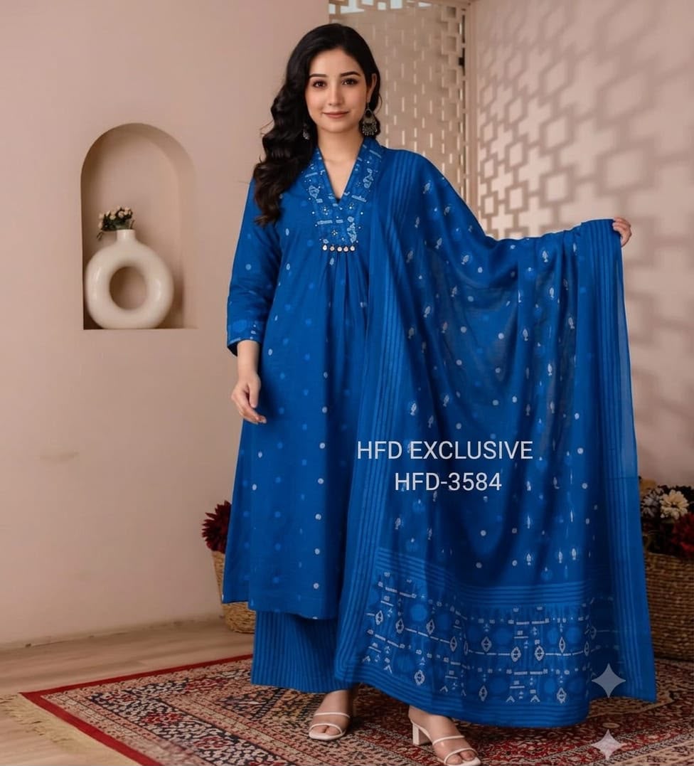 Women’s Deep Blue Printed Kurti Pant Dupatta Set | Geometric Print with Sequin Yoke Detailing | Elegant Ethnic 3-Piece Set