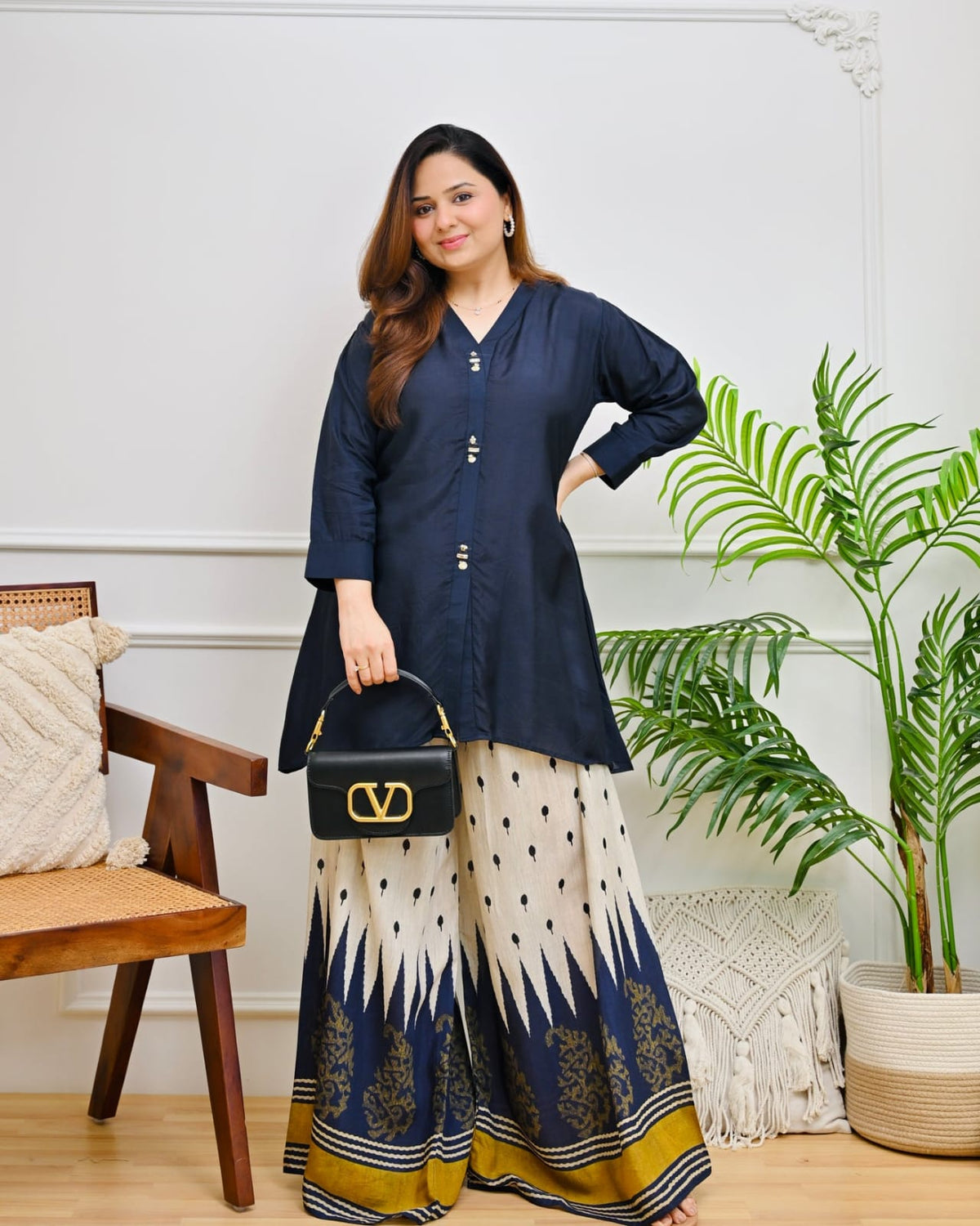 Women’s Pure Cotton Indo-Western Palazzo Co-ord Set | Handcrafted Beadwork Neckline with Designer Ikat-Inspired Print