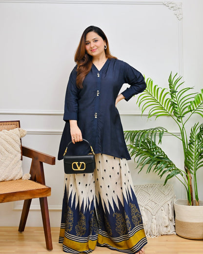 Women’s Pure Cotton Indo-Western Palazzo Co-ord Set | Handcrafted Beadwork Neckline with Designer Ikat-Inspired Print