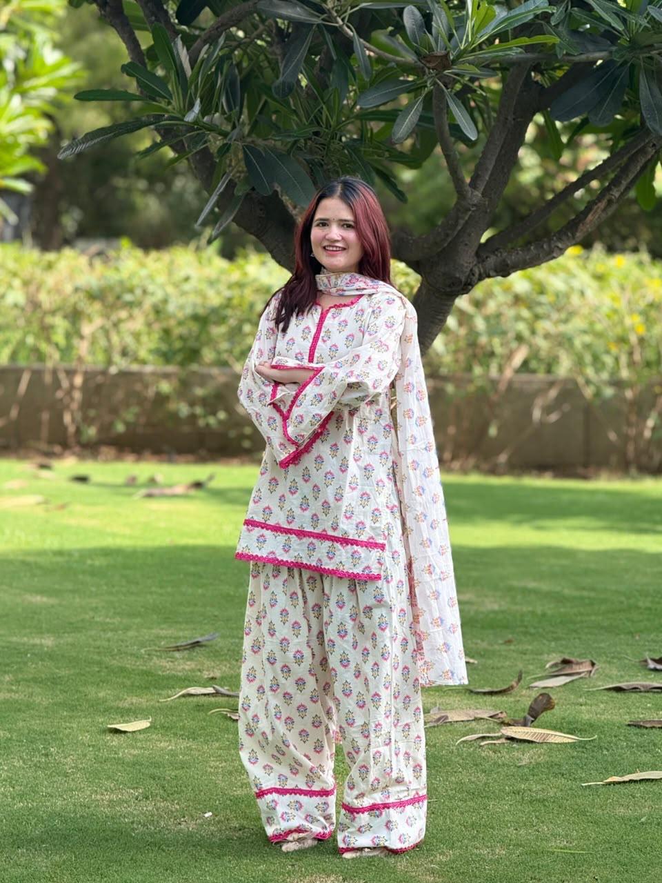 Women’s Premium Cotton Farsi Suit Set | Long Kurti with Pocket, Farsi Pant & Dupatta | 3-Piece Ethnic Set