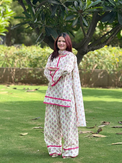 Women’s Premium Cotton Farsi Suit Set | Long Kurti with Pocket, Farsi Pant & Dupatta | 3-Piece Ethnic Set
