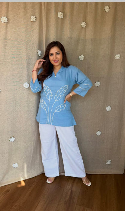 Women’s Premium Cotton Slub Floral Embroidered Co-ord Set | Straight Kurti & Pant | Elegant Daily & Office Wear