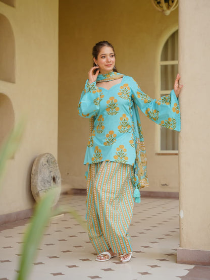 Women’s Premium Cotton 60/60 Corset-Style Kurta with Printed Farshi Salwar & Dupatta | Heart Tassel 3-Piece Set