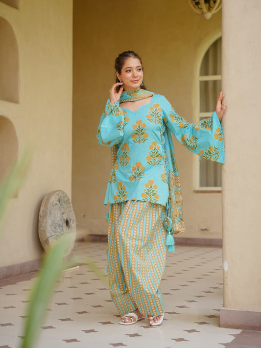 Women’s Premium Cotton 60/60 Corset-Style Kurta with Printed Farshi Salwar & Dupatta | Heart Tassel 3-Piece Set