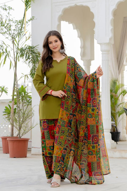 Women’s Olive Multicolor Cotton Farshi Suit Set | Full-Sleeve Straight Kurta with Patchwork Farsi Salwar & Dupatta