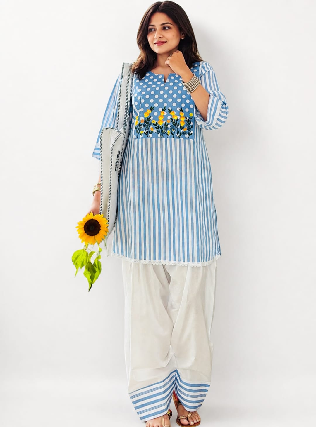 Women’s Premium Cotton 60/60 Embroidered Kurta Farshi Pant Set | Fancy Lace Sleeves | Festive Special 2-Piece Set