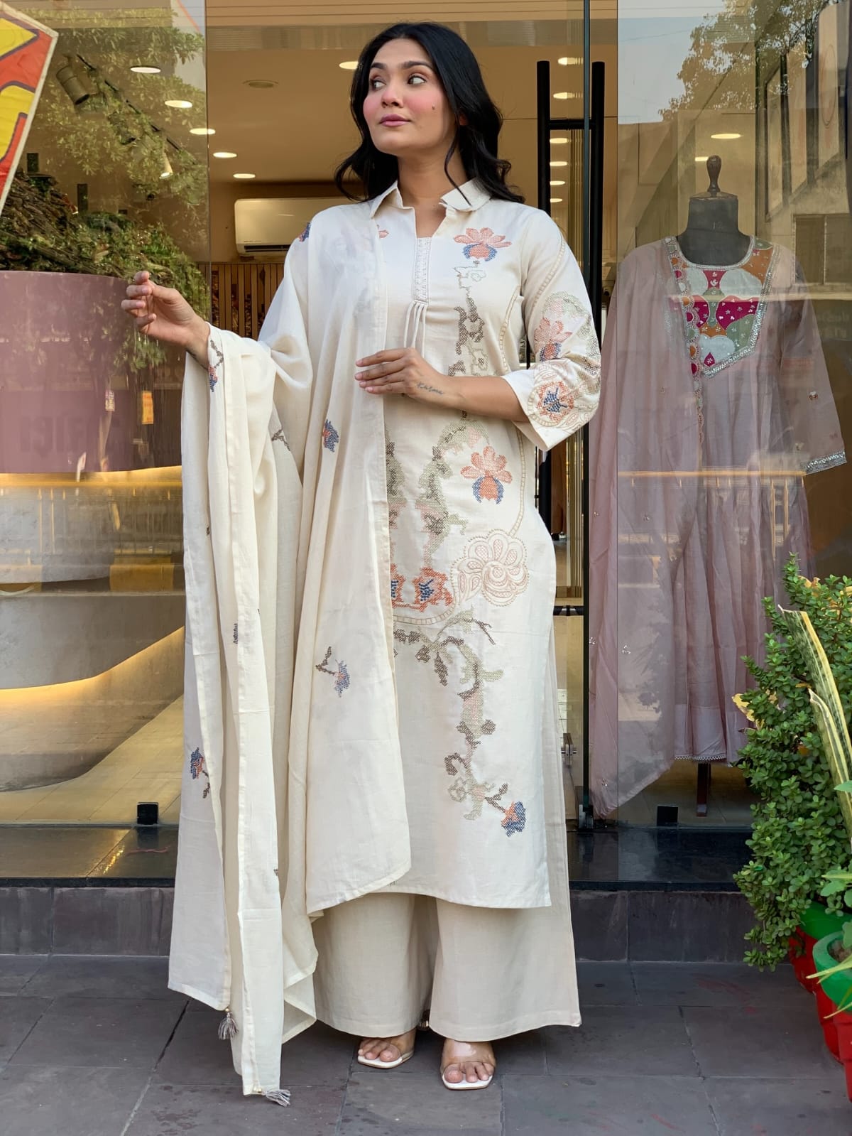 Women’s Premium Cotton Flex Embroidered Kurti Palazzo Dupatta Set | Handwork Detailing | Summer 3-Piece Set