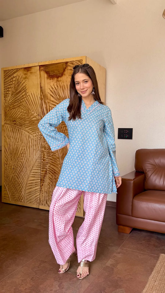 Women’s Premium Cotton Turquoise Blue & Pink Farshi Salwar Set | Printed Kurta with Contrast Lace Detailing