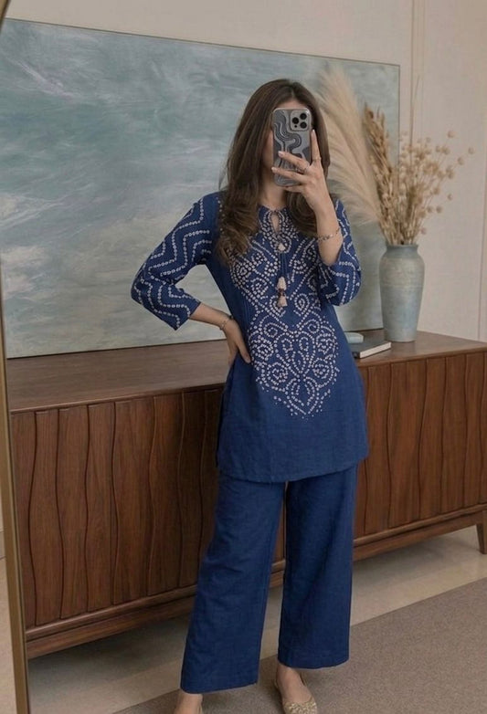 Women’s Premium Cotton Bandhani Co-ord Set | Handwork & Original Mirror Neck Detail with Kaudi Tassels