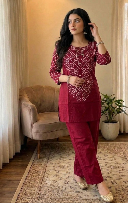 Women’s Premium Cotton Bandhani Co-ord Set | Handwork & Original Mirror Neck Detail with Kaudi Tassels