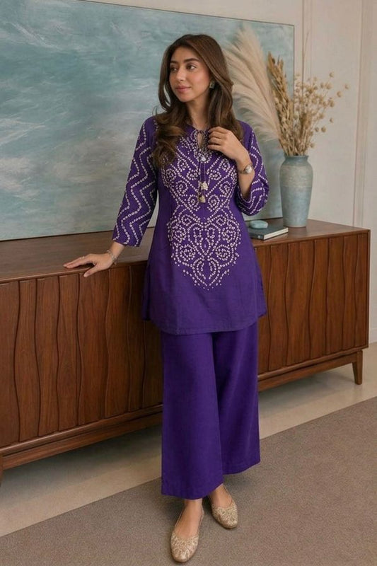 Women’s Premium Cotton Bandhani Co-ord Set | Handwork & Original Mirror Neck Detail with Kaudi Tassels
