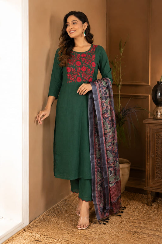 Women’s Handloom Khadi Cotton Embroidered Suit Set | Khadi Cotton Pant with Scalloping Embroidery & Kantha Print Silk Dupatta