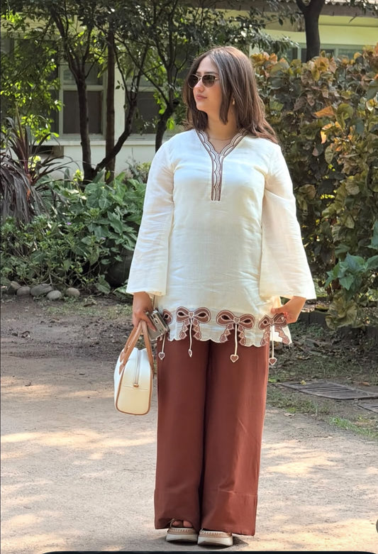 Women’s Premium Cotton 60/60 Embroidered Short Tunic & Wide-Leg Pant Co-ord Set | Stylish 2-Piece Outfit