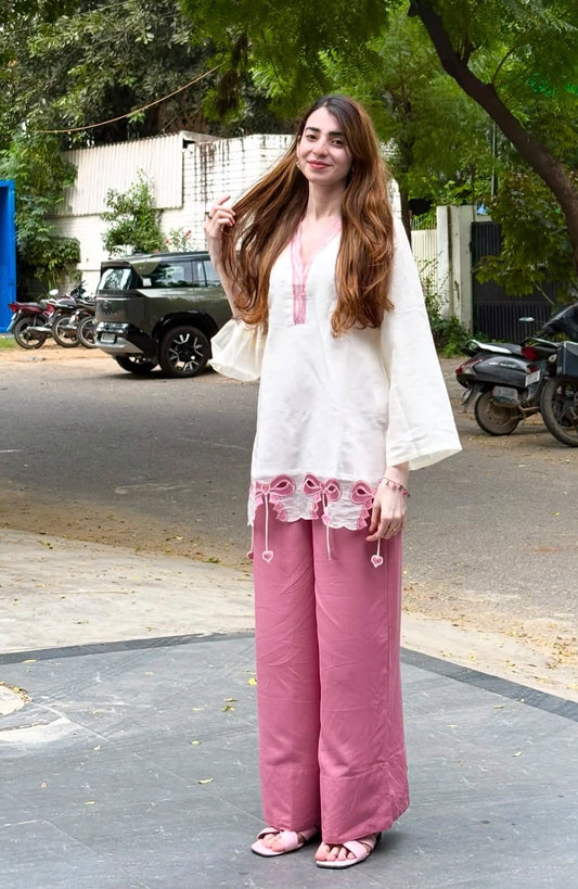 Women’s Premium Cotton 60/60 Embroidered Short Tunic & Wide-Leg Pant Co-ord Set | Stylish 2-Piece Outfit