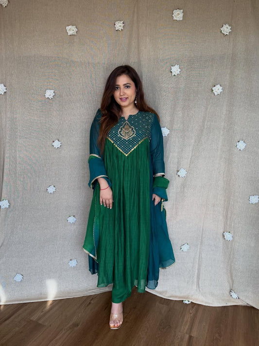Women’s Premium Pure Mal Chanderi Anarkali Suit Set | Handwork Yoke with Golden Diamond-Grid Detailing, Pant & Dupatta