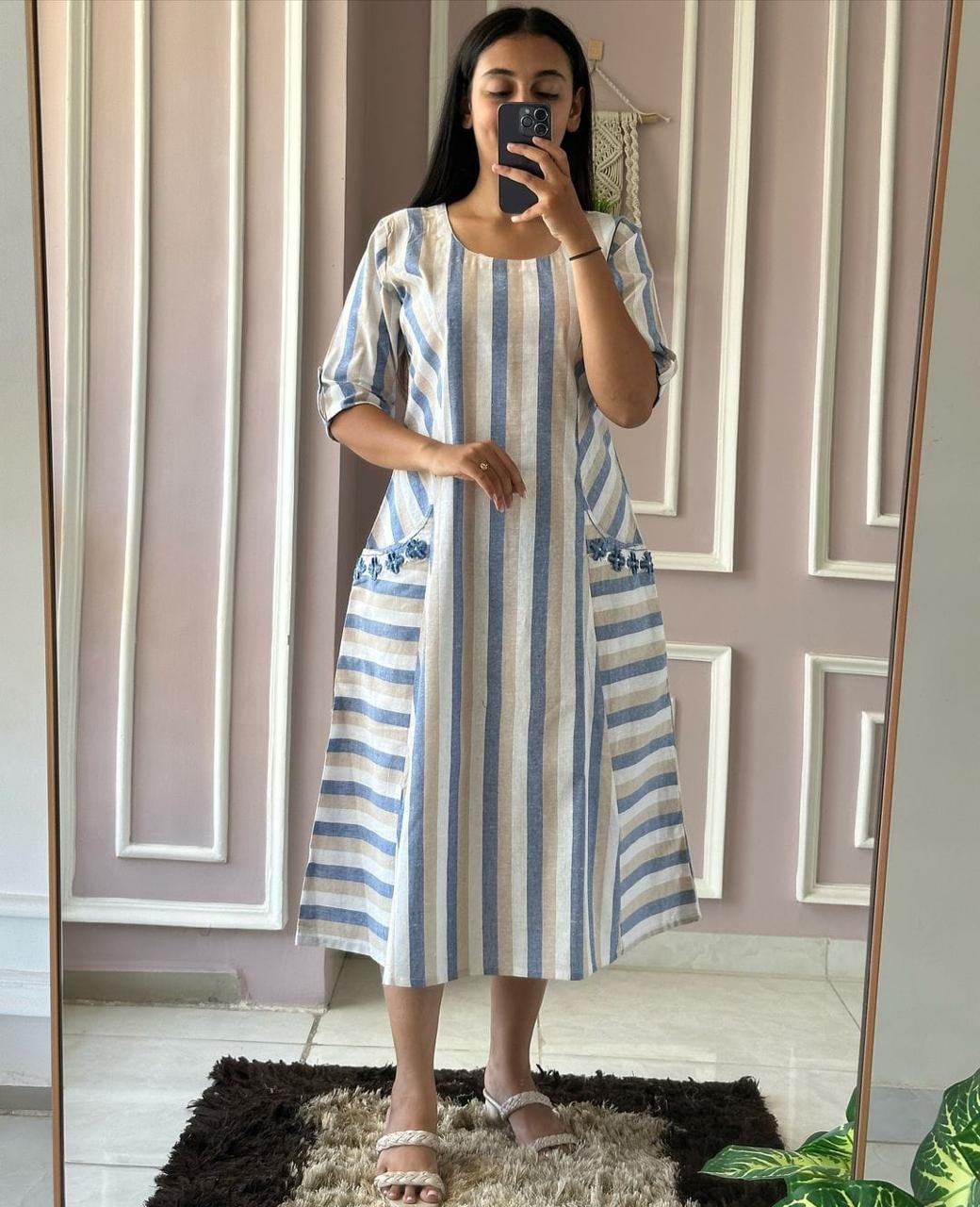 Women’s Premium South Cotton Handwoven A-Line Midi Dress | Hand Embroidery with Both-Side Pockets | Casual Winter Wear