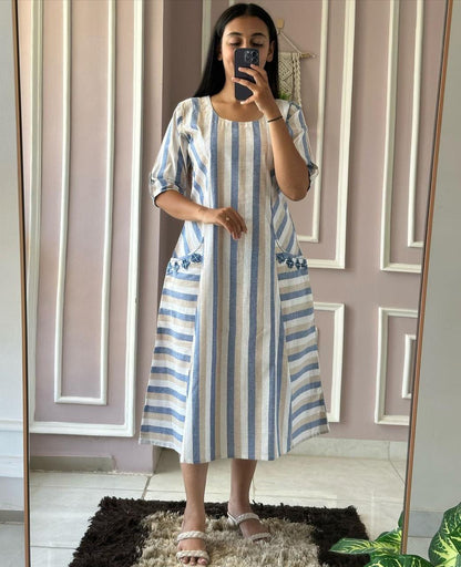 Women’s Premium South Cotton Handwoven A-Line Midi Dress | Hand Embroidery with Both-Side Pockets | Casual Winter Wear