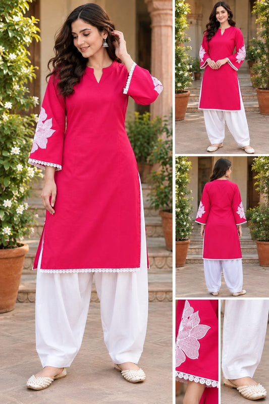 Women’s Pure Cotton Corset-Style Kurta with Off-White Farshi Salwar | Embroidered Traditional 2-Piece Set