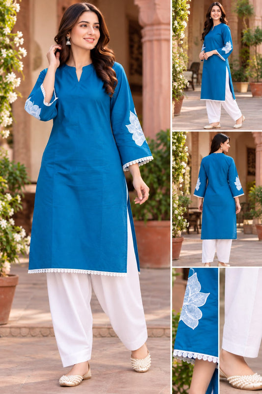 Women’s Pure Cotton Corset-Style Kurta with Off-White Farshi Salwar | Embroidered Traditional 2-Piece Set