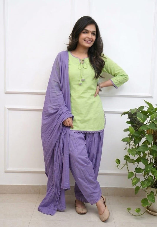 Women’s Premium Cotton 60/60 Square Neck Kurta Salwar Dupatta Set | Pistachio Green & Lavender 3-Piece Suit