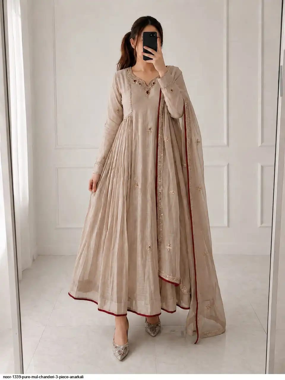 Women’s Pure Mul Chanderi Anarkali Kurta Set | Heavy Handwork Neckline with Embroidery, Sequins & Bead Detailing | 3-Piece Set