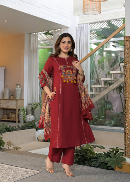 Women’s Premium Cotton 60/60 Embroidered Kurti Pant Dupatta Set | Full Katha Handwork & Pintuck Detailing | 3-Piece Suit