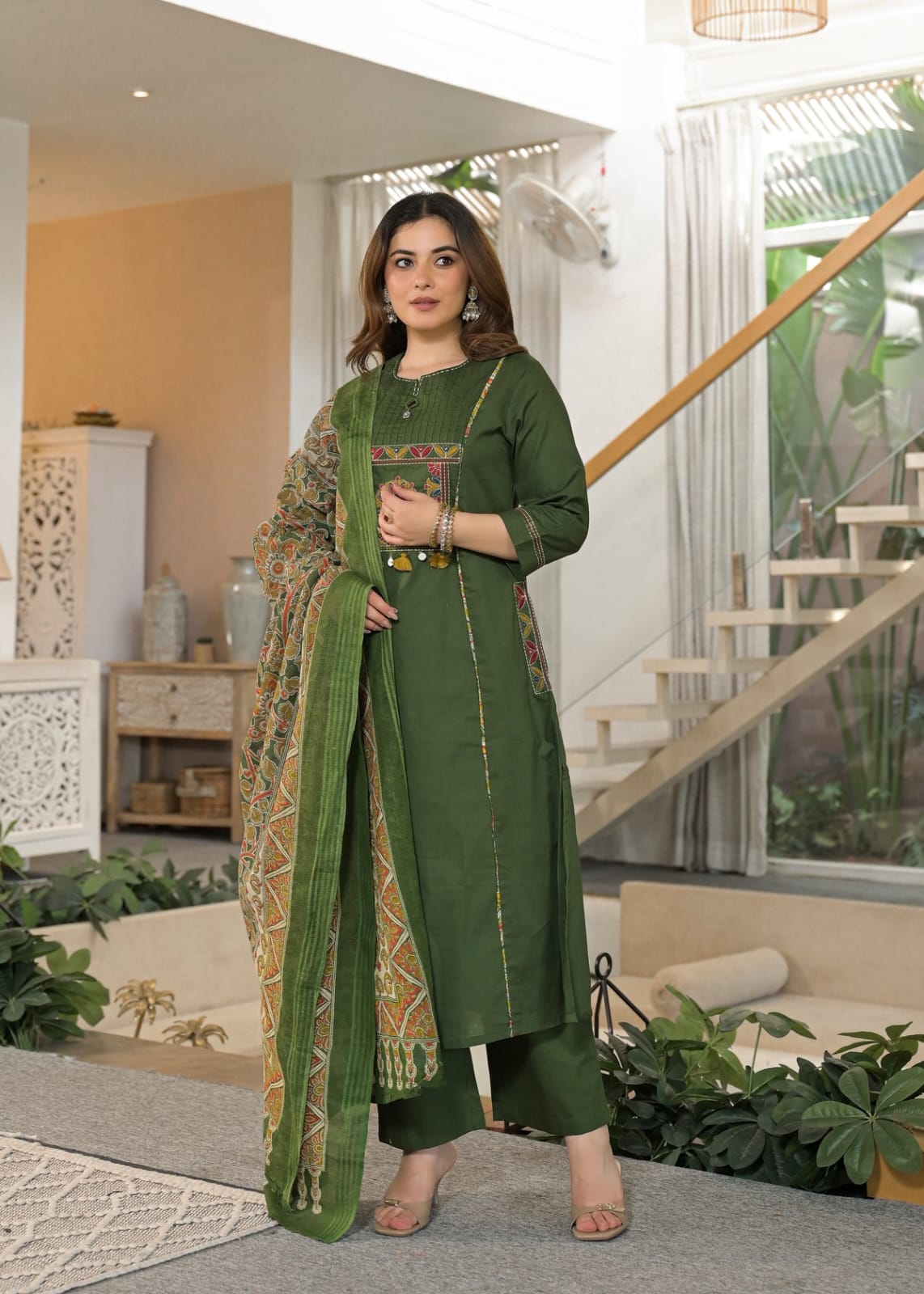 Women’s Premium Cotton 60/60 Embroidered Kurti Pant Dupatta Set | Full Katha Handwork & Pintuck Detailing | 3-Piece Suit