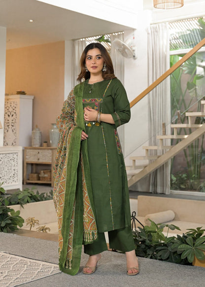 Women’s Premium Cotton 60/60 Embroidered Kurti Pant Dupatta Set | Full Katha Handwork & Pintuck Detailing | 3-Piece Suit