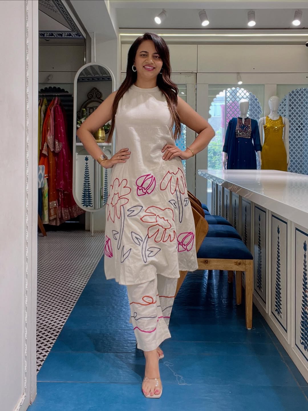 Women’s Premium Cotton Flex Hand Embroidered Kurta Pant Co-ord Set | Stylish Summer 2-Piece Outfit
