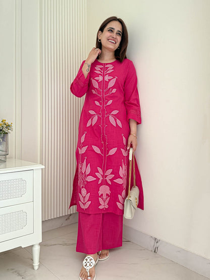 Women’s Cotton Rose Dust Embroidered Kurti Palazzo Co-ord Set | Stylish 2-Piece Ethnic Outfit