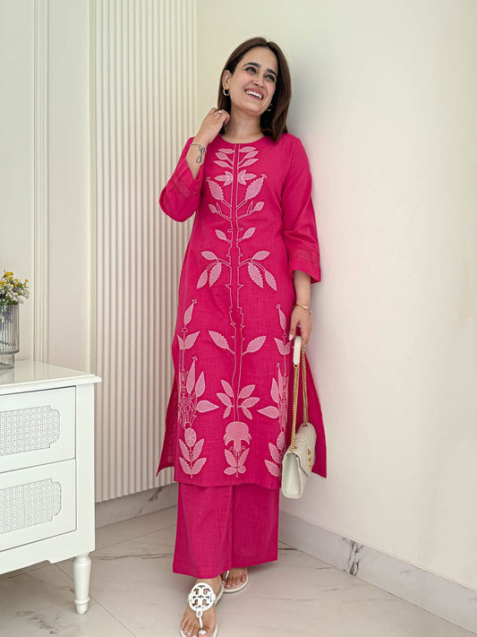 Women’s Cotton Rose Dust Embroidered Kurti Palazzo Co-ord Set | Stylish 2-Piece Ethnic Outfit