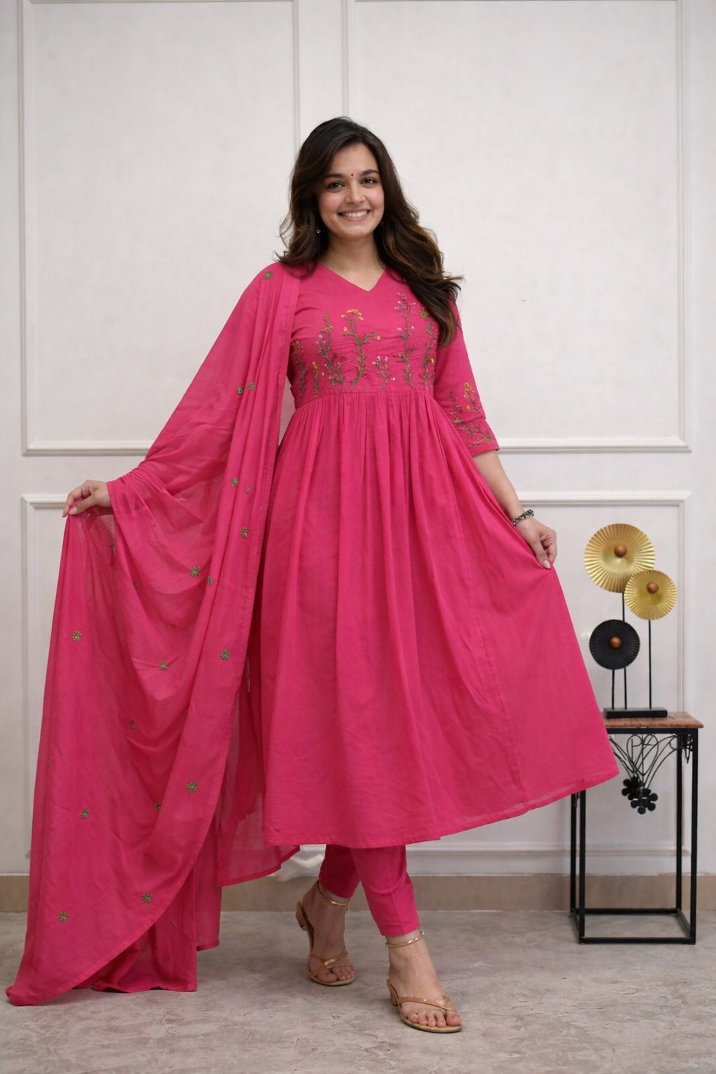 Women’s Cotton 60/60 Natra Cut Embroidered Kurta Pant Dupatta Set | Cotton Malmal Embroidered Dupatta | 3-Piece Set