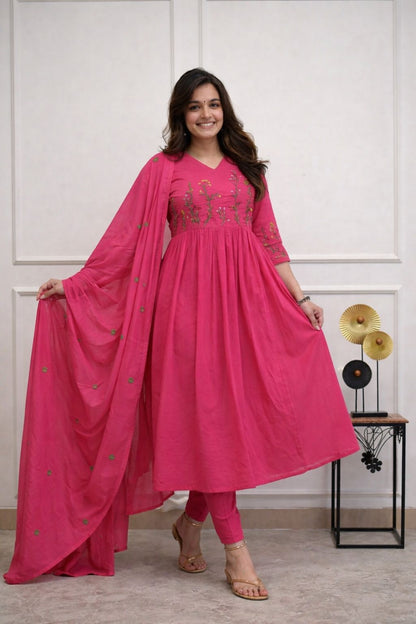 Women’s Cotton 60/60 Natra Cut Embroidered Kurta Pant Dupatta Set | Cotton Malmal Embroidered Dupatta | 3-Piece Set