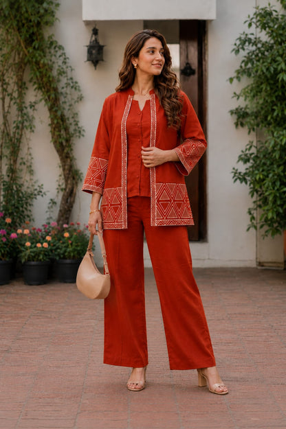 Women’s Premium Cotton Flex Embroidered Jacket Style Top with Inner & Straight Trousers | 3-Piece Co-ord Set
