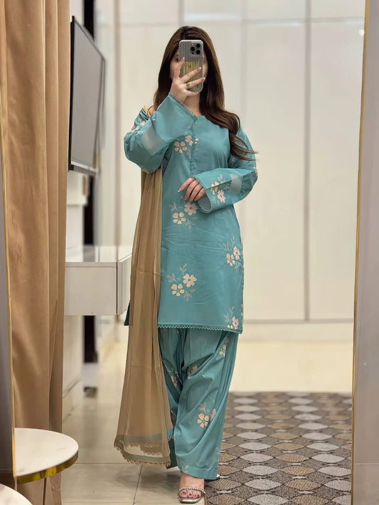 Women’s Cotton Corset-Style Kurta with Cherry Print Farshi Salwar & Nazmin Dupatta | Trendy 3-Piece Ethnic Set