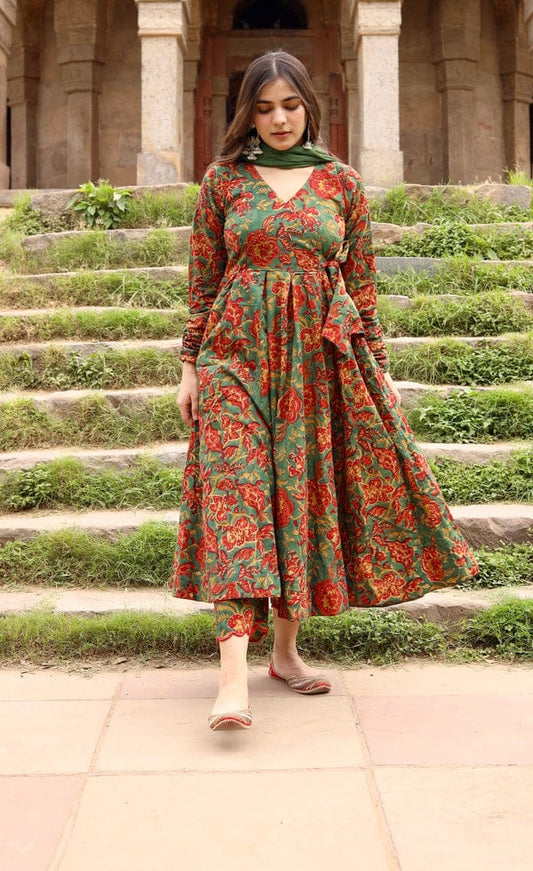 Women’s Noor Anarkali Cotton Suit Set | English Green Anarkali with Soft Pure Cotton Kota Doria Dupatta