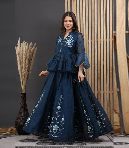 Women’s Peach & Blue Chanderi Hand-Painted Lehenga Choli Set | Bell Sleeve Blouse with Frill Lehenga & Dupatta