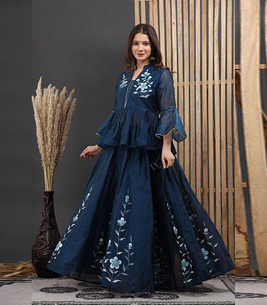Women’s Peach & Blue Chanderi Hand-Painted Lehenga Choli Set | Bell Sleeve Blouse with Frill Lehenga & Dupatta