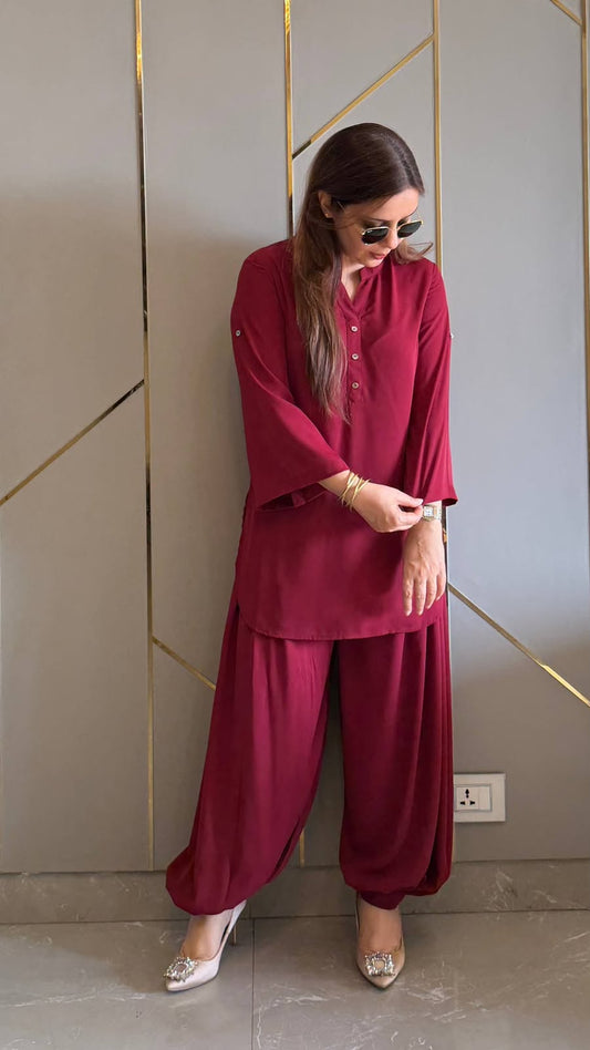 Women’s Premium Cotton Wine Co-ord Set | Button Detail Kurta with Flared Sleeves & Balloon Salwar