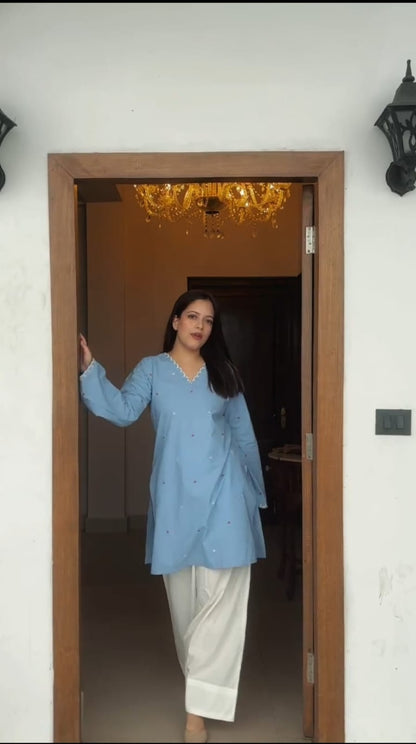 Women’s Sky Blue Hand Adda Work Kurti with White Farsi Pant | V-Neck Embroidered Kurti | Premium 2-Piece Set