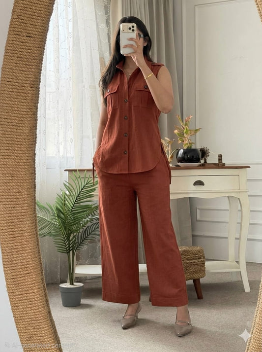 Women’s Premium Cotton Flex Summer Co-ord Set | Stylish Top with Back Belt & Pocket Pant | 2-Piece Set